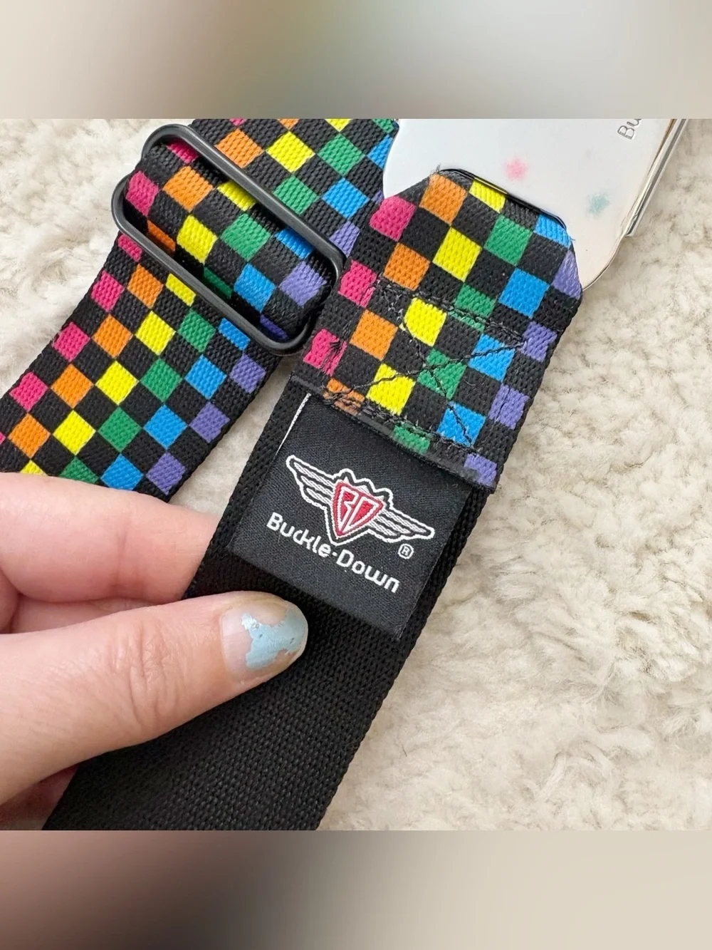 Buckle-Down Rainbow Checkered Seatbelt Adjustable Belt XL 32-52”